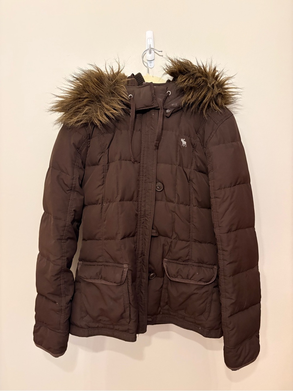 Abercrombie & Fitch Vintage Y2K Women L Brown Down Puffer Jacket w Faux Fur Hood - Picture 2 of 16